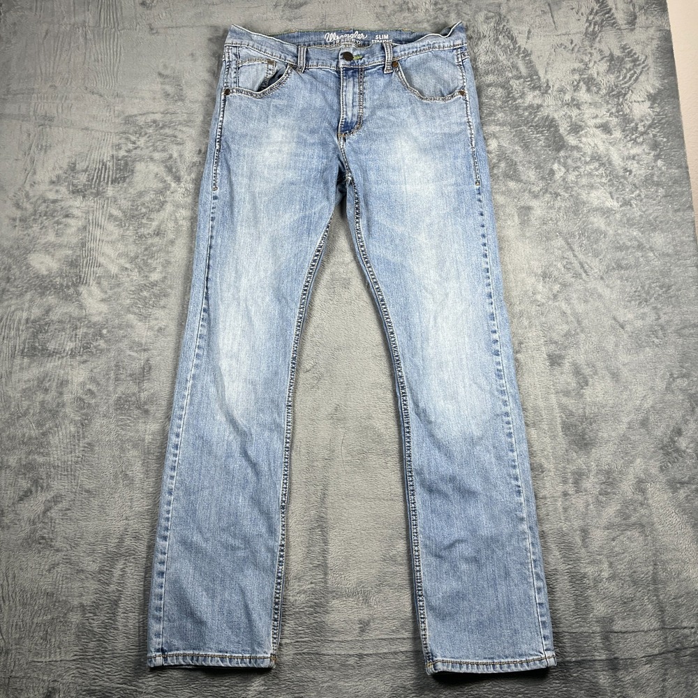 Wrangler Retro Slim Straight Jeans Mens 34x34 Blue Denim Cotton Logo Light Wash